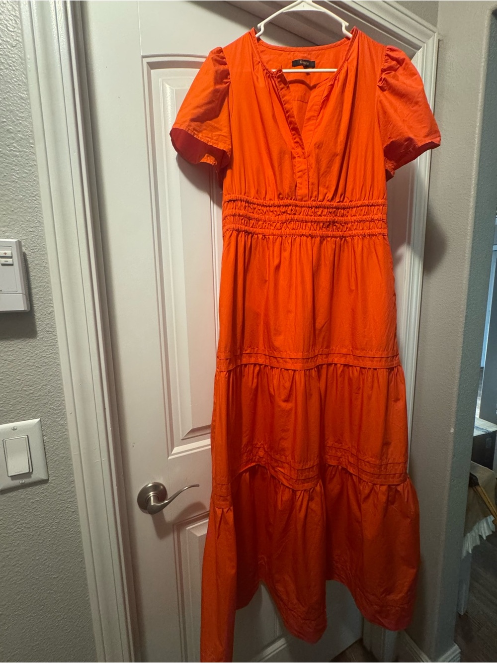 Quince 100% Organic Cotton Poplin Tiered Maxi Dress Smocked Waist Puff Sleeve M